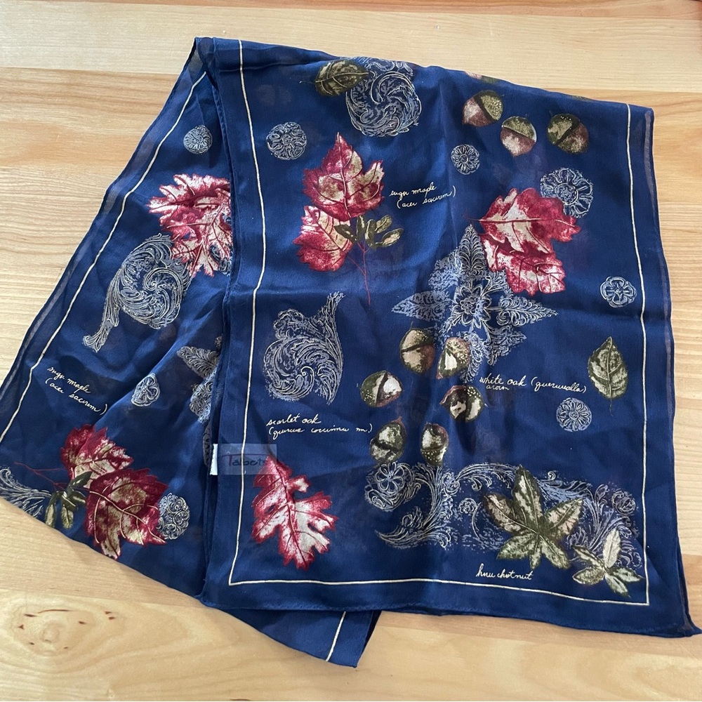 Talbots Navy and Olive leaves silk Scarf
